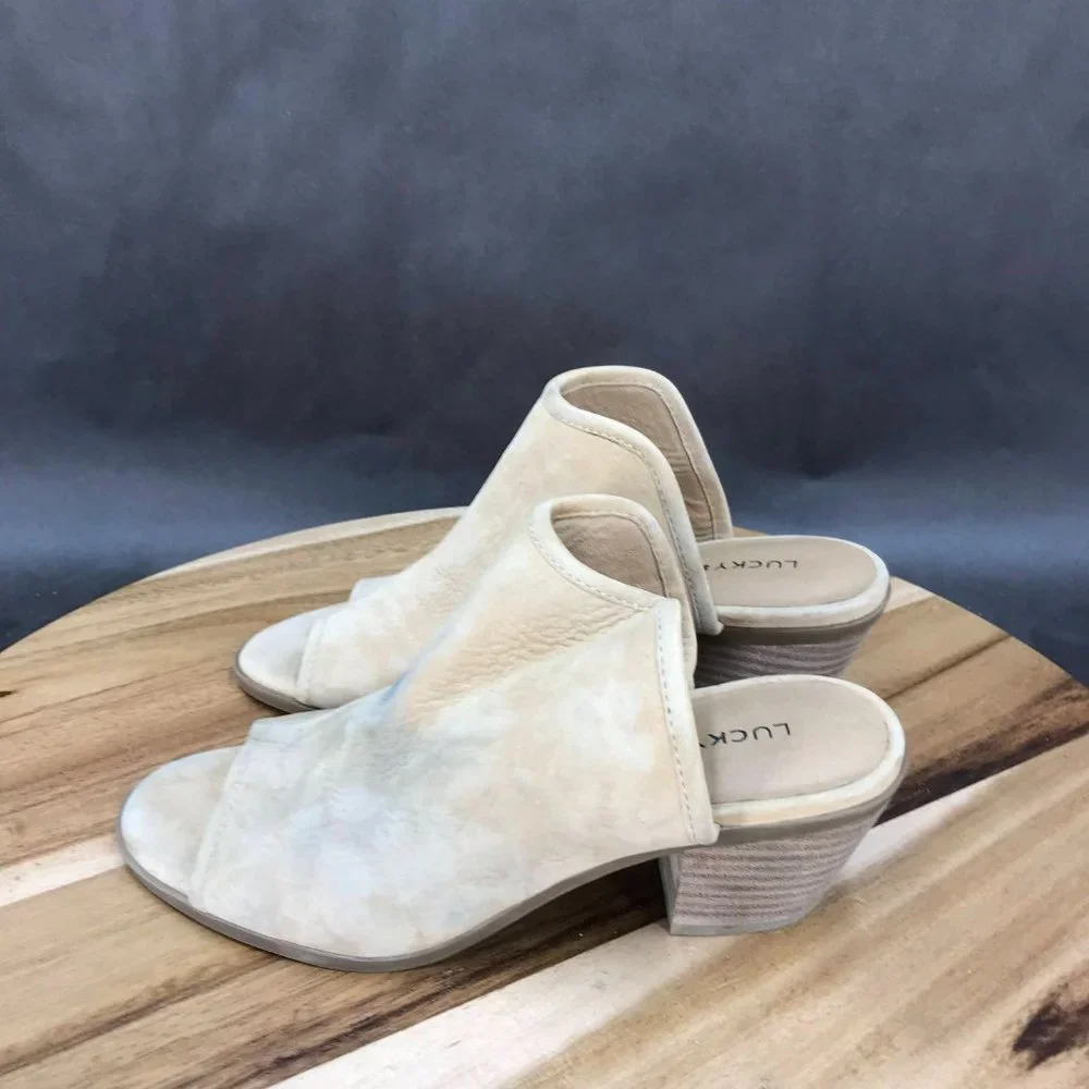 Lucky Brand Beige Leather Peep Toe Mules Slip On Womens Size 6 B